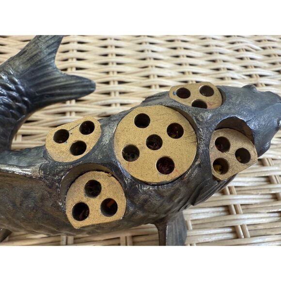 Vintage MCM Japan Bronze Metal Koi Fish Flower Frog Ikebana - Picture 4 of 14